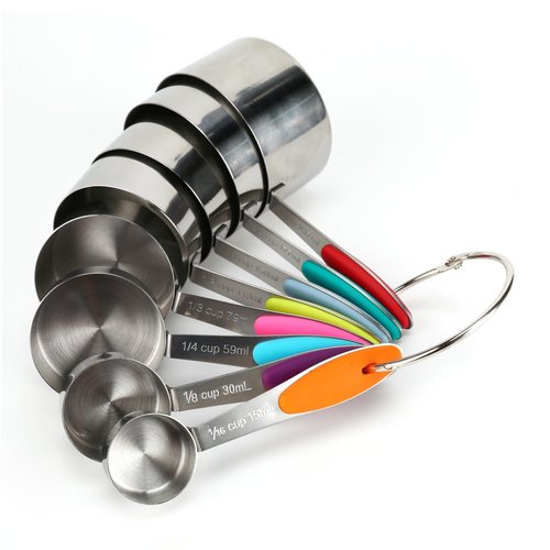 Stainless steel measuring cup set, consisting of 8 cups, suitable for cooking and baking.