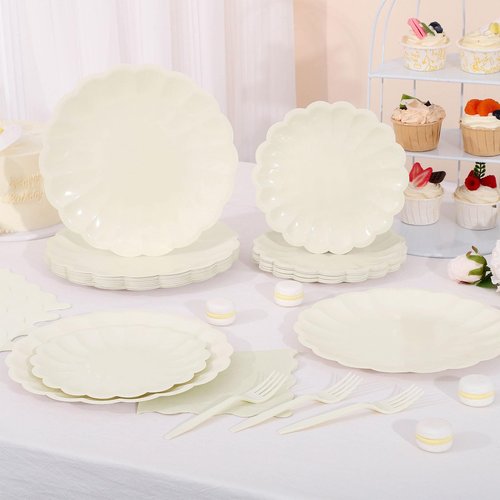 96 Pcs Ivory Paper Plates and Napkins Party Supplies Serve 24 Guests Include Scalloped Dinner Plate 9.5", Dessert Plate 7.5", Napkins Plastic Forks for Baby Bridal Shower Wedding Birthday
