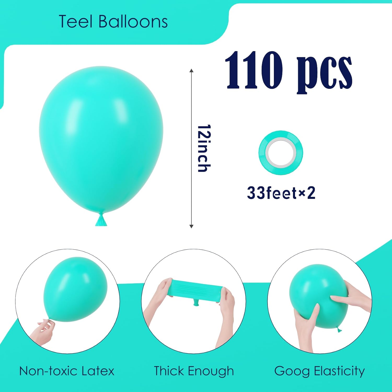 Voircoloria 12-Inch Teal Balloons - 110 Pack of Turquoise Latex for Graduation, Weddings & Parties