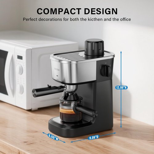 XIXUBX 6 Bar Espresso Machine, 800W Compact Coffee Maker with Stainless Steel Cup Warmer, Steam Milk Frother, Automatic Pressure Relief, Cappuccino & Latte Maker, Black, for Home and Office