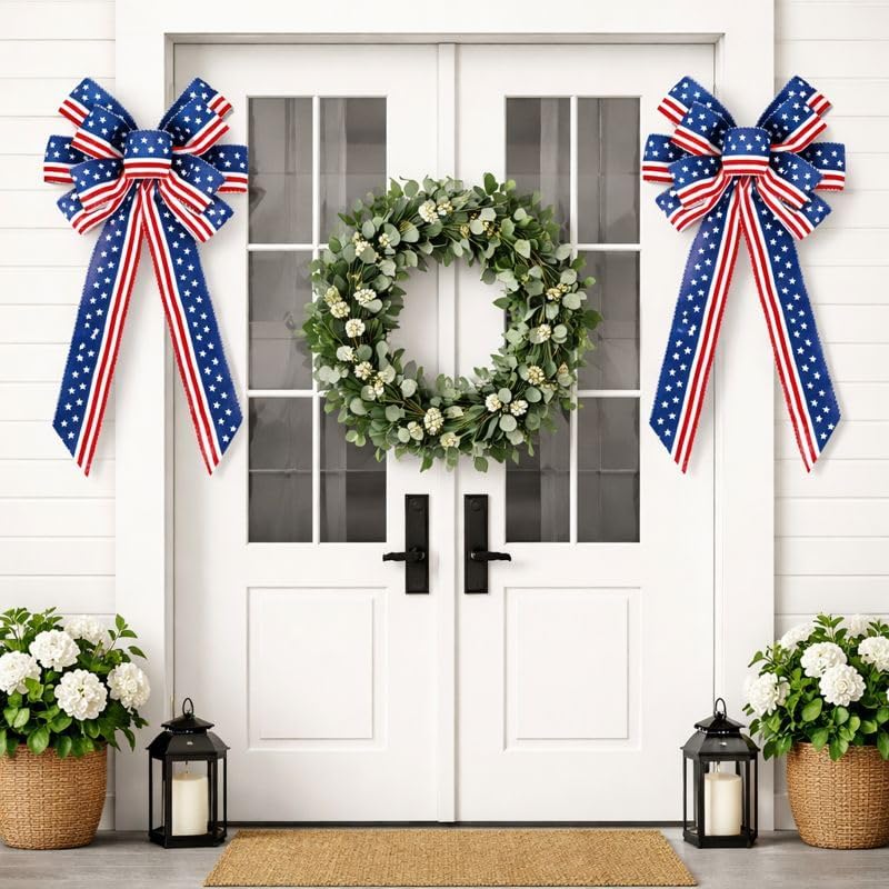 Skiennix Memorial Day Decorations - Patriotic Stripe Stars Wreath Bow for Front Door | Red, White & Blue Tree Topper Bows