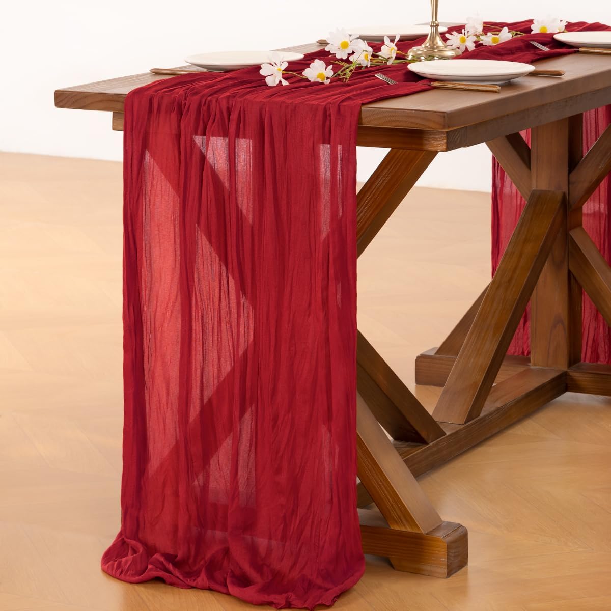 Socomi Red Cheesecloth Table Runner - 120 Inch Boho Rustic Decor for Weddings & Events
