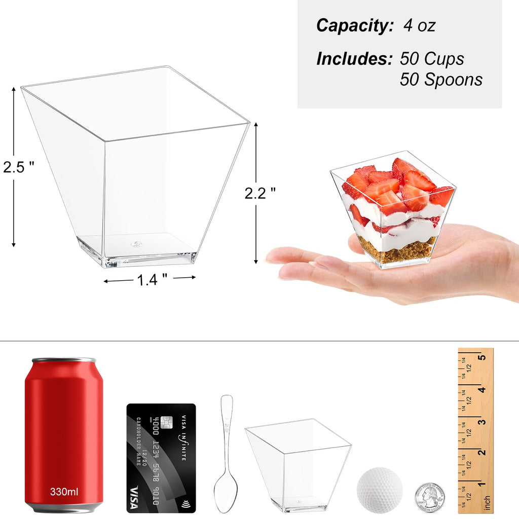 Zezzxu 4 oz Slanted Irregular Dessert Cups with Spoons, 50 Pack Mini Appetizer Cups Small Plastic Party Serving Cups for Ice Creams Mousses Puddings Parfaits Triffles