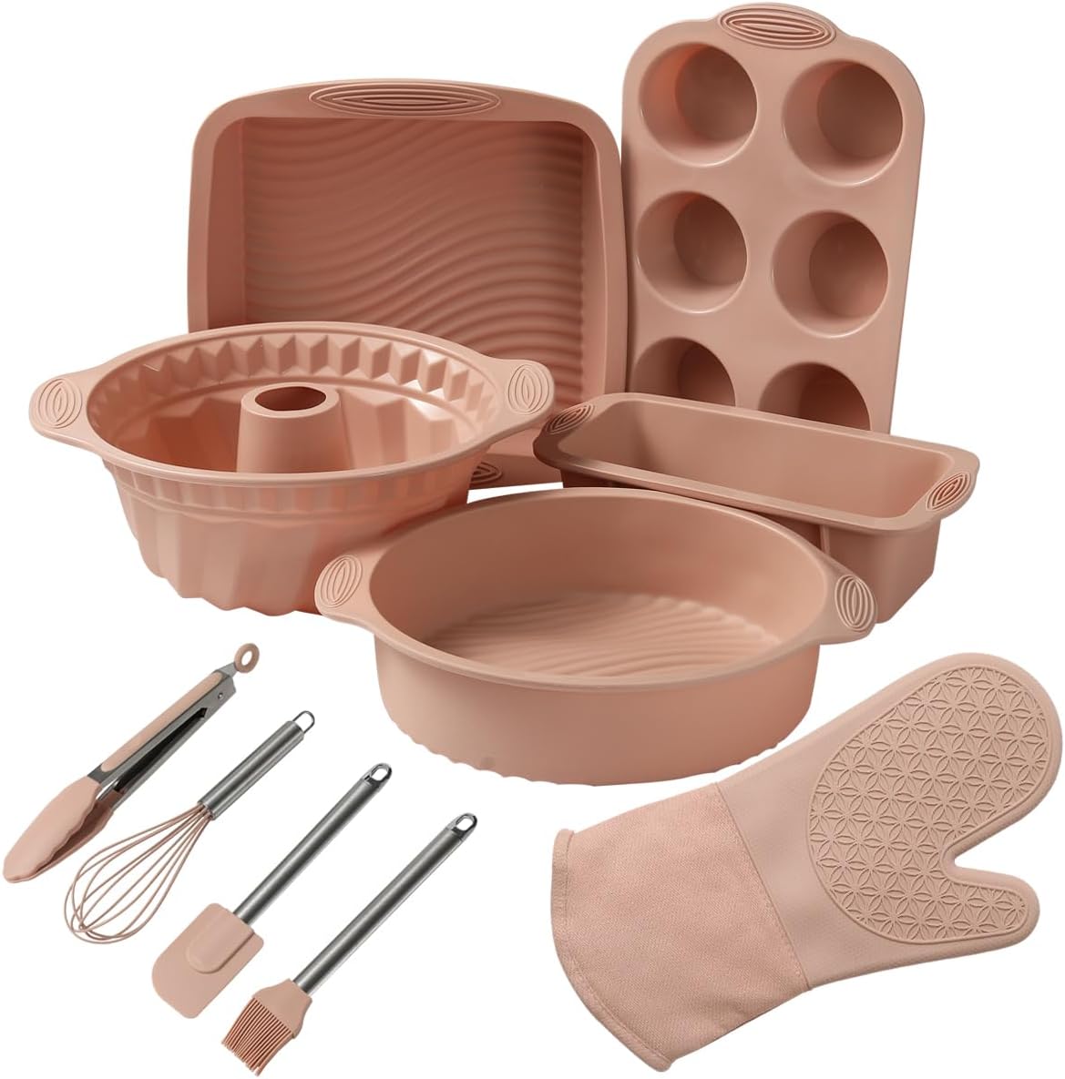 Skiennix 10-in-1 Nonstick Silicone Baking Pan Set - BPA Free, Heat Resistant Bakeware for Muffins, Loaves, and More (Pink)