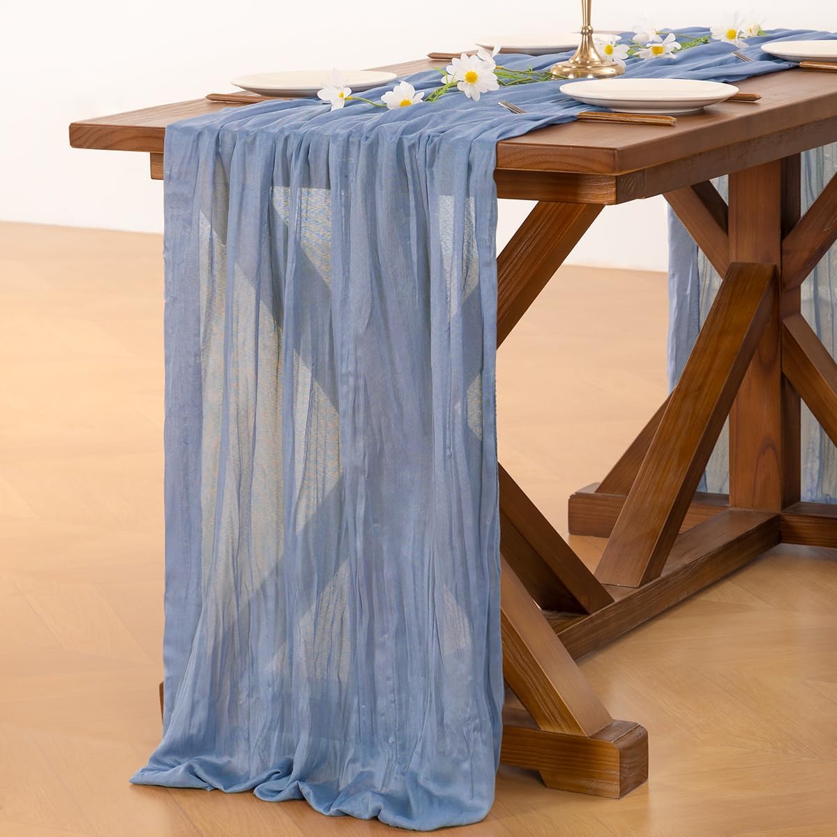 Socomi Cheesecloth Table Runner - 120 Inch Dusty Blue Boho Rustic Decor for Weddings & Events