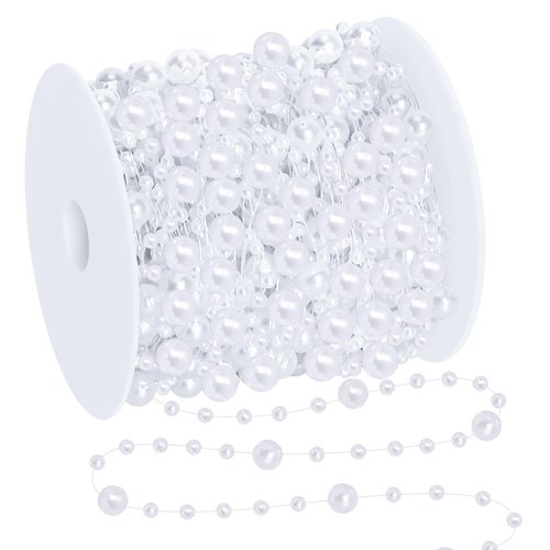100 FT Christmas Tree Beads, 2 Sizes Artificial White Beaded Christmas Garland, Beads Strands Chain Garland Trim Roll for Xmas Tree, Plastic Hanging Beads Strands Chain for DIY Christmas Decorations