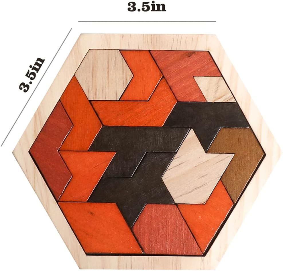 Skrtuan Wooden Hexagon Tangram Puzzle - Educational Brain Teaser for Kids & Adults | Portable Montessori Toy