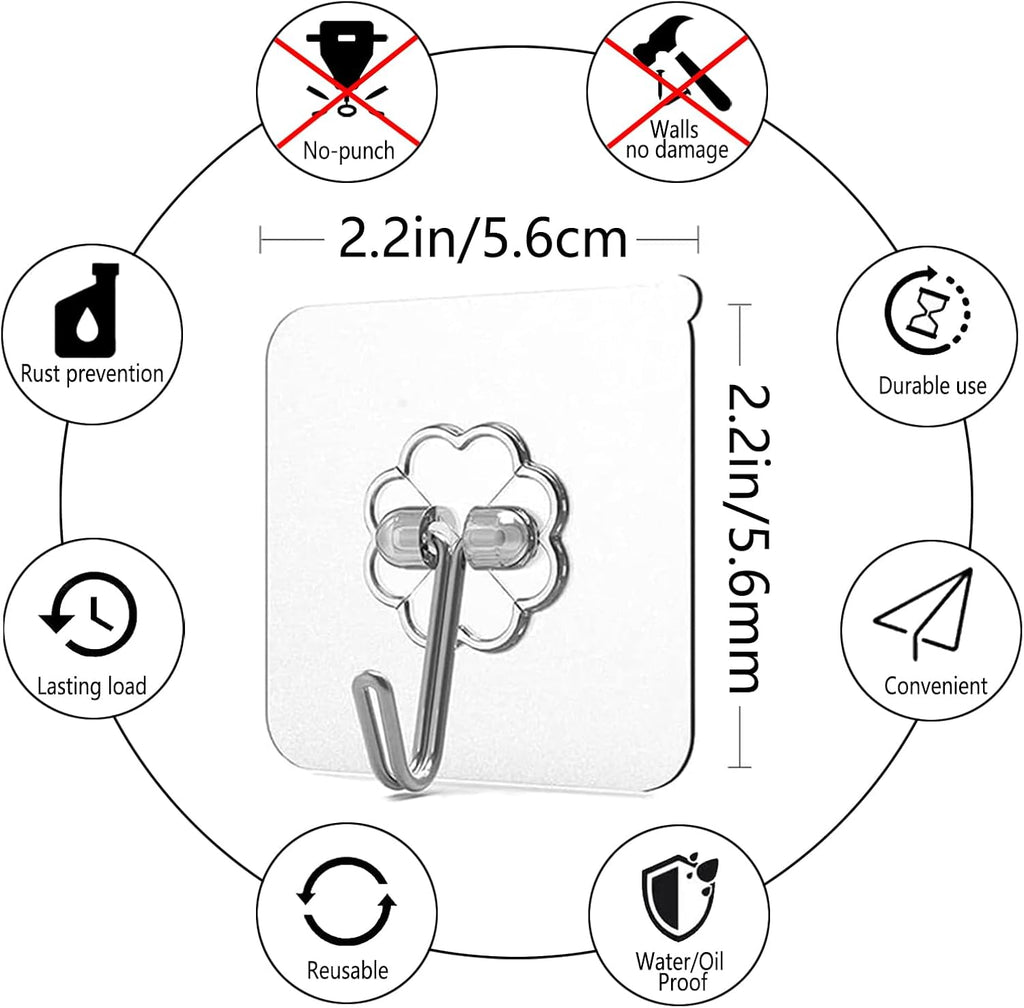 Strong Adhesive Wall Hooks by 30-Pack | Heavy Duty Self-Adhesive Towel & Coat Organizer - Transparent