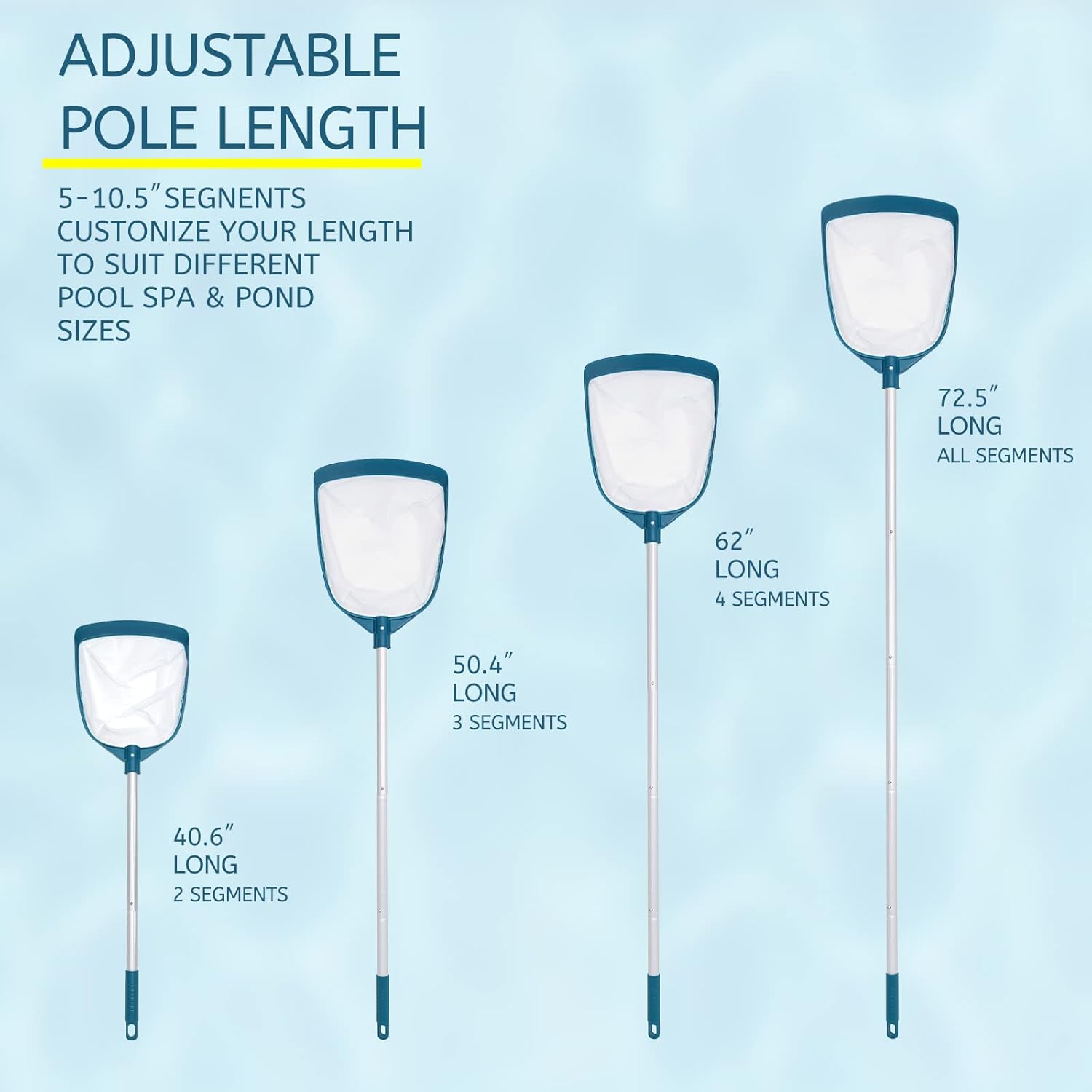 POOLWHALE Swimming Pool Leaf Net Skimmer Rake - Adjustable Aluminum Pole & Fine Mesh for Easy Cleaning