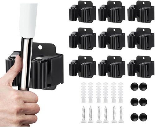 JAMEND Heavy-Duty Broom and Mop Holder - 9PCS Garden Tool Organizer Rack | Stainless Steel, Matte Black