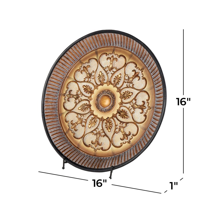 16" Round Gold Embossed Polystone Charger with Stand - Decorative Plate