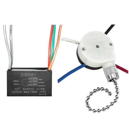 YukiHalu Ceiling Fan Pull Chain Switch 3 Speed 4 Pre-Installed Wires, Ceiling Fan Capacitor CBB61 4uf + 4uf + 2.5uf 5 Wires 250V, Light Switch for Fan and Light (‎ZE-208s Nickel, 4+4+2.5uF)