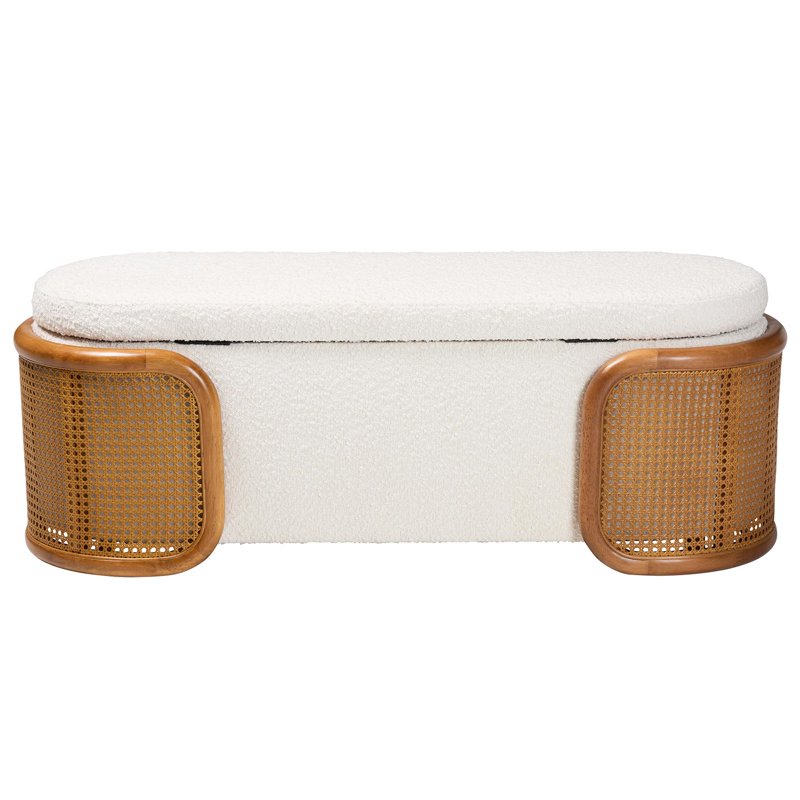 Japandi Storage Bench - Cream Boucle Fabric with Rattan