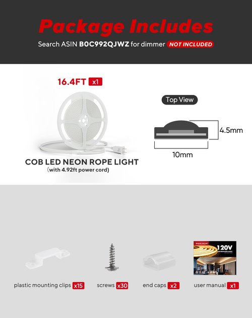 Shine Decor COB LED Rope Light AC 120V, 800lm Ultra Bright, IP65 Waterproof Cold-Resistant ETL Neon Strip, No Driver Tape Lighting for Home Commercial 10x4.5mm, Amber, 16.4ft