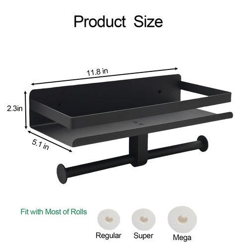 Matte Black Toilet Paper Holder with Shelf Wall Mounted,Stainless Steel Double TP Roll Tissue Holder for Bathroom(1, Matte Black)