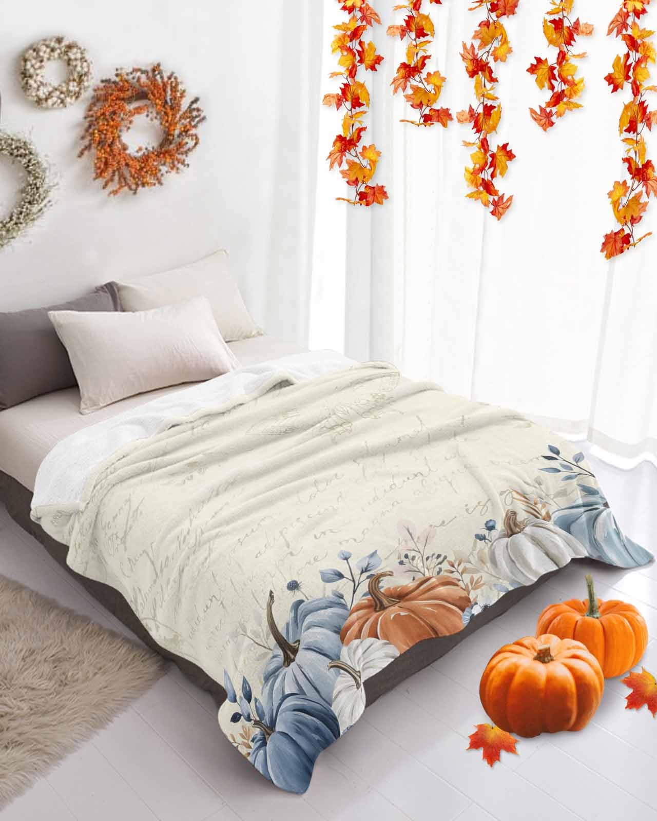 Blue Pumpkins Fall Throw Blanket - Elegant Leaves Flannel Fleece, Lightweight for Women, Adults, Kids & Babies - Microfiber Nap Blanket for Couch, Bed, Sofa - 60" x 40"