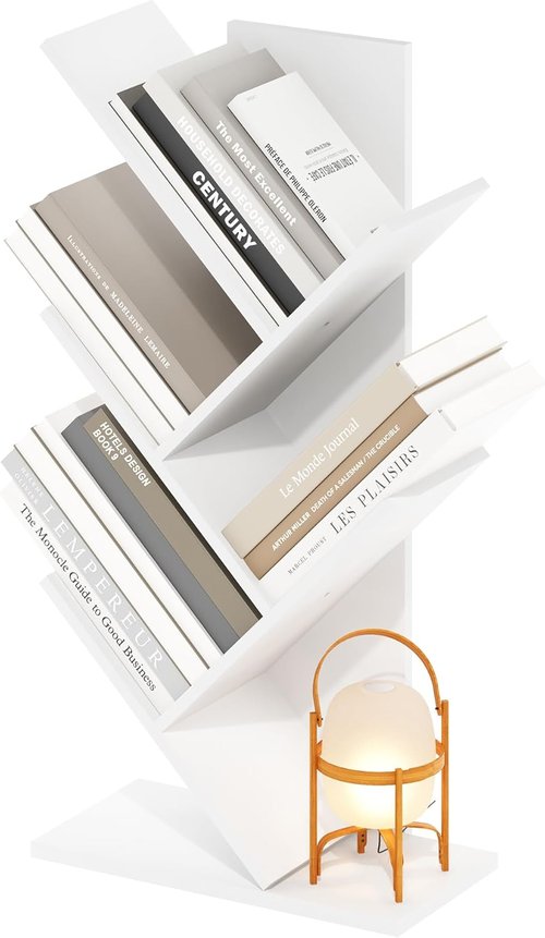 Furinno 5-Tier Tree Bookshelf - Stylish Angled Open Shelf for Room Decor | White, 8.4 x 15.7 x 30.3