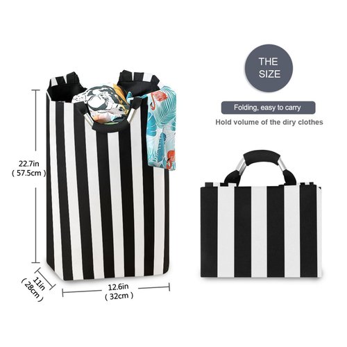 Large Laundry Hamper, White and Black Stripe Laundry Basket Foldable Clothes Bag with Handle Foldable Washing Bin