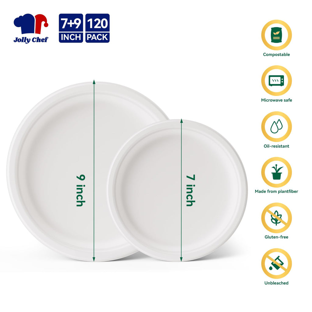 JOLLY CHEF Compostable Heavy Duty Plates 𝟳 𝗶𝗻𝗰𝗵 𝗮𝗻𝗱 𝟵 𝗶𝗻𝗰𝗵 [𝟭𝟮𝟬 𝗣𝗮𝗰𝗸] Eco-Friendly Disposable Paper Plates Bagasse Biodegradable Sugarcane for Party Hot Coold Food Christmas(White)