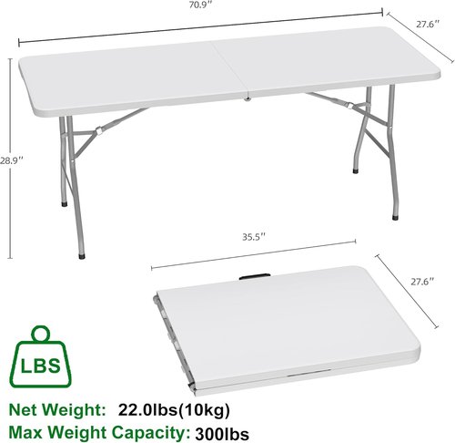 Allpop 6Ft Folding Table - Portable Indoor/Outdoor Plastic Dining Table with Carrying Handle | White