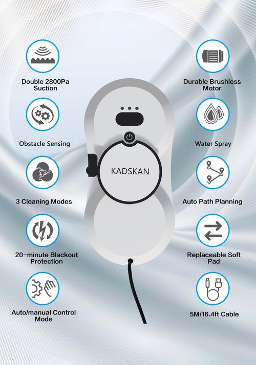 KADSKAN Window Cleaning Robot, Automatic Window Cleaner with Water Spray for Windows/Tiles/Class Door, Inside/Outside, 5600Pa Suction Power, 3.0 Path Planning, Remote Control