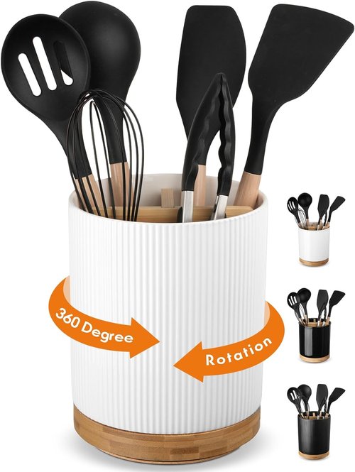 LoeJan Ceramic Utensil Holder - 3 Compartment Design with Cork Bottom | Large White Vertical Stripe Crock for Kitchen Counter