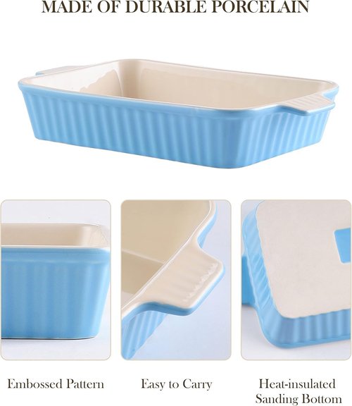 MALACASA Casserole Dishes - Porcelain Bakeware Set of 4 with Handles - Deep Rectangular Lasagna Pans in Blue (9.4"/11.1"/12.2"/14.7")