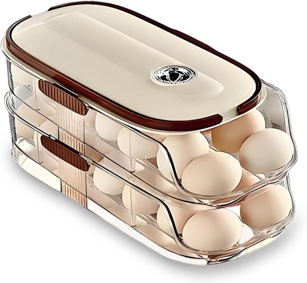 Skiennix Egg Holder - Automatic Rolling Egg Dispenser with Lid & Handle - Stackable Organizer for Fridge & Pantry