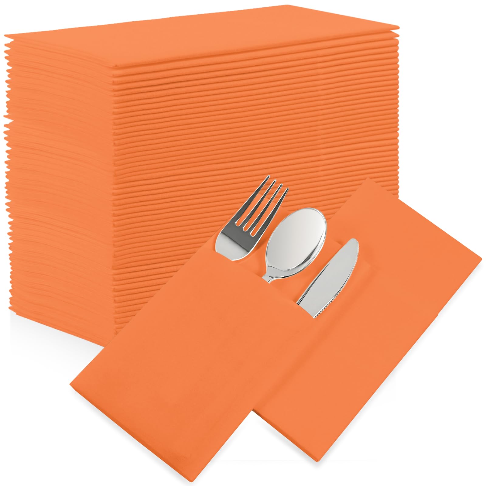 Orange Dinner Napkins Disposable - 50Pack Linen-Feel Paper Napkins with Built-in Flatware Pocket, Prefolded Cloth Like Paper Napkins Bulk For Dinner, Wedding, Party or Everyday Use(Orange)