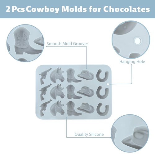 Cowboy Chocolate Molds, 2 Pcs Western Silicone Candy Fondant Mold, Cowboy Hat Boot Horse Saddle Shaped Mould, for DIY Baking Cupcake Cake Party Desserts Decorations (Light Blue)
