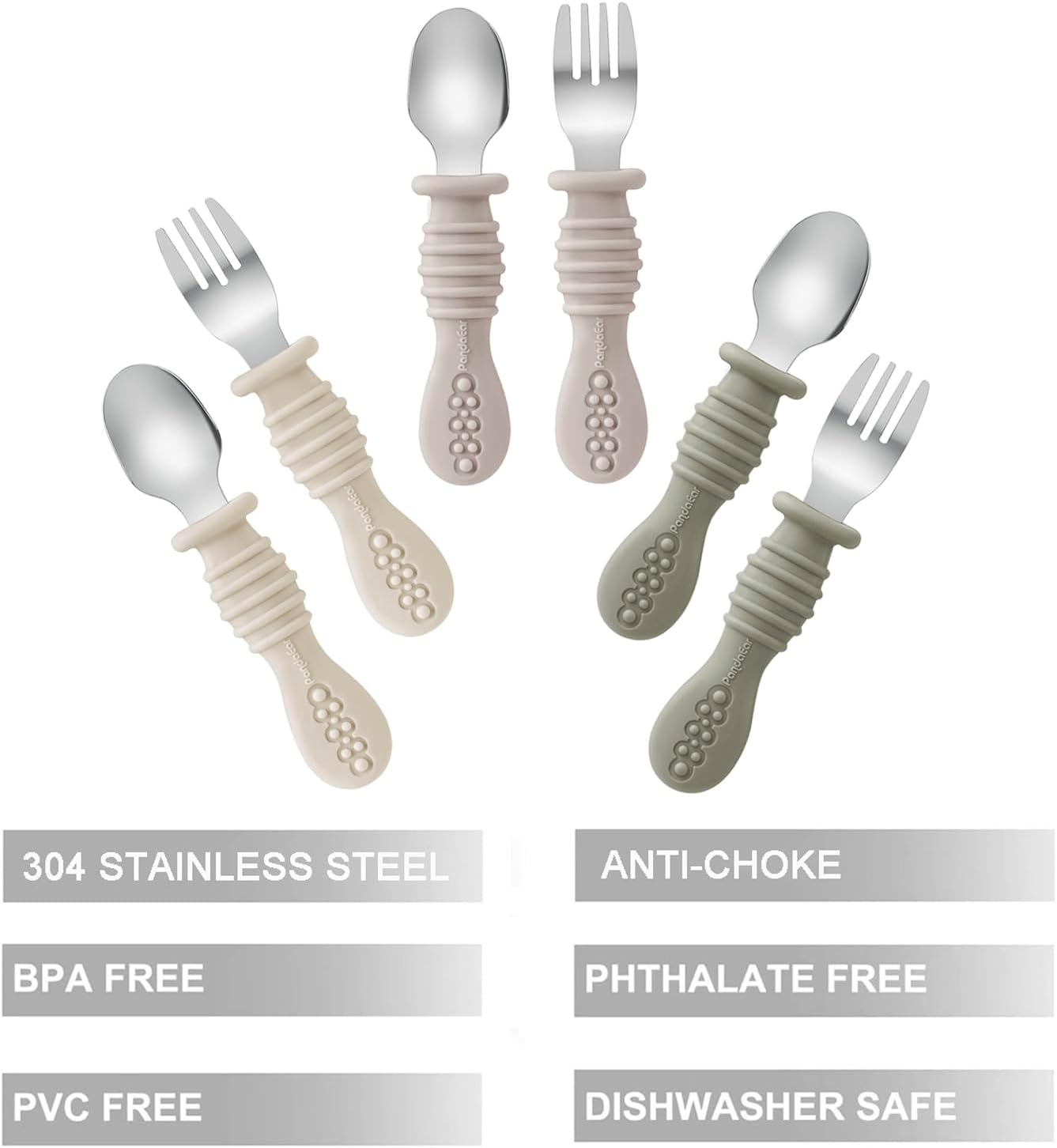 PandaEar Toddler Fork and Spoon Utensil Set - BPA Free Silicone & Stainless Steel | 6 Pack in Walnut, Linen & Brown