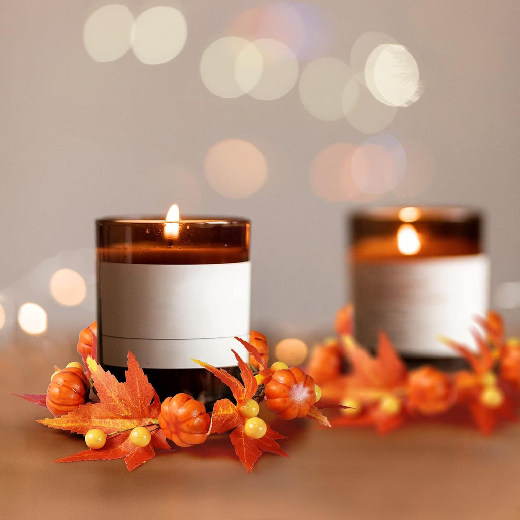 Skiennix Fall Candle Rings - 6Pcs Artificial Pumpkin & Maple Leaf Wreaths for Autumn Decor | 3.1" ID / 7" OD