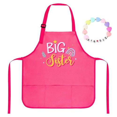XLSXEXCL Big Sister Apron with Pockets, “Big Sister” Funny Apron Gifts for Girls, Adjustable Toddler Apron for girls for Cooking, Baking, Painting, Gardening (Pink)