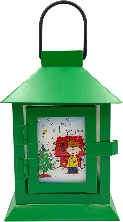 Mark Feldstein Peanuts Holiday Snoopy's Dog House Lantern - Green Metal LED, 6 Inch