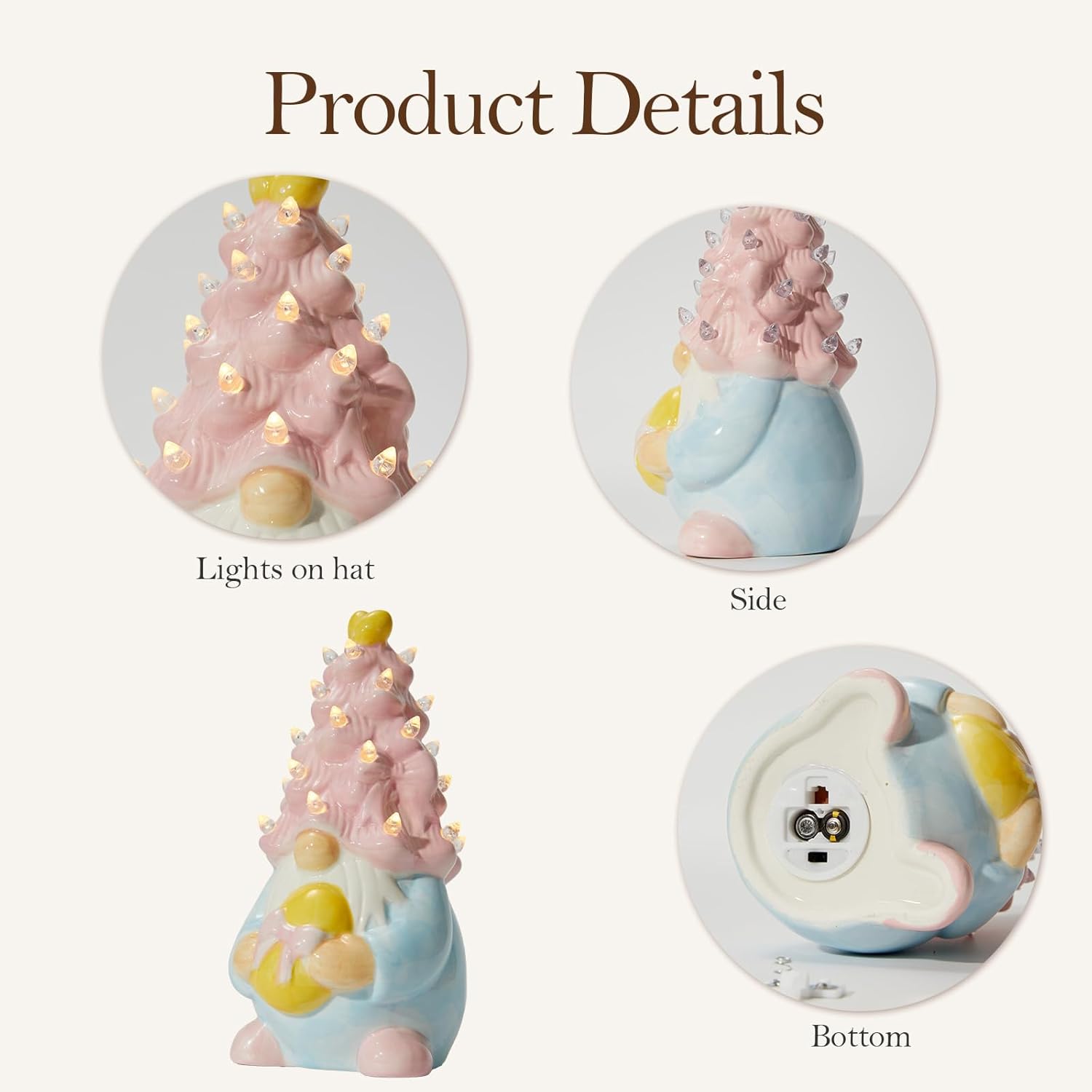 WDS Wondrous Lighted Gnome Figurine - Ceramic LED Easter Decor with Pink Hair & Egg | Spring Table Centerpiece