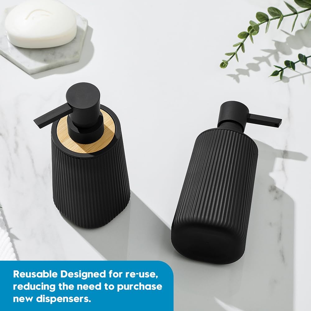 Skiennix Small Soap Dispenser - Modern Farmhouse Striped Design | Black Plastic with Bamboo Accent