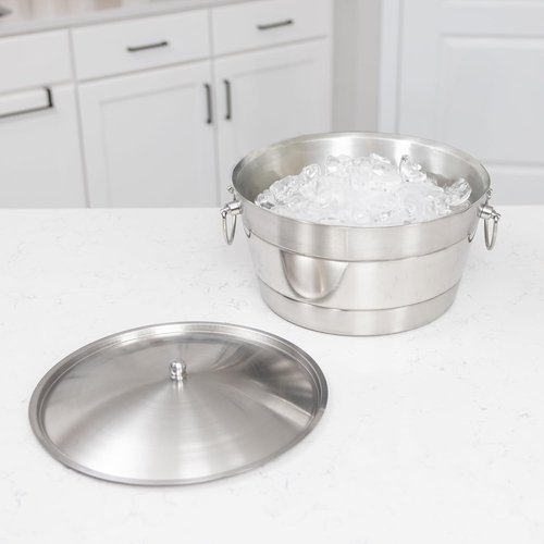 BREKX Insulated Stainless Steel Ice Bucket with Lid for Parties - Ribbed Anchored Double-Walled Large Ice Bucket for Extended Chill - Champagne Bucket for Mimosa Bar Supplies