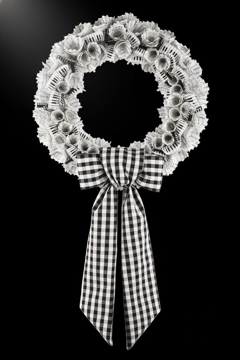 Regine Switzerland Black And White Plaid Wreath - Elegant Front Door Decoration For Halloween & Weddings