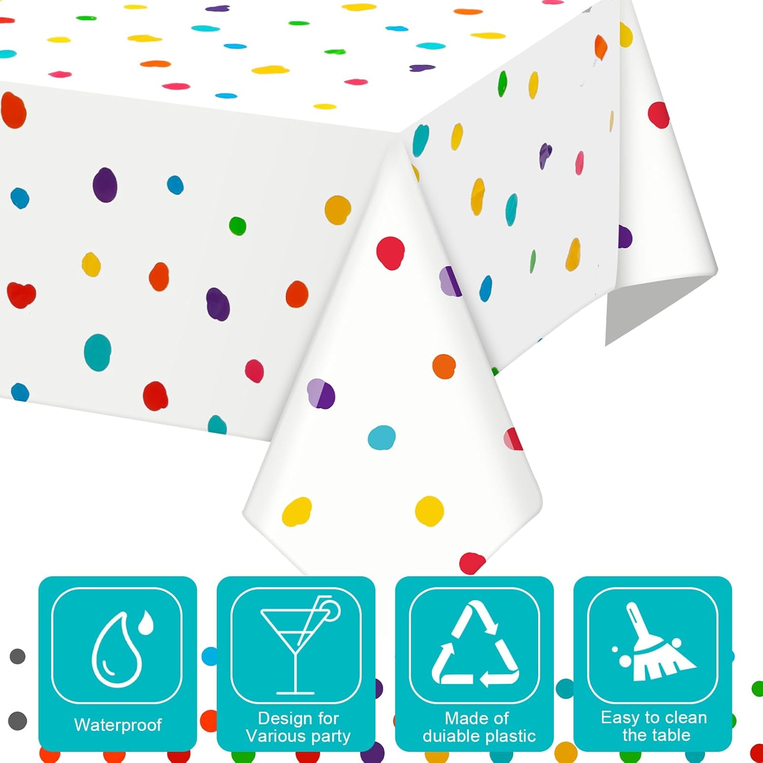 Skiennix Colorful Polka Dot Tablecloth - Disposable Rainbow Design for Picnics & Parties | 3 Pcs Set