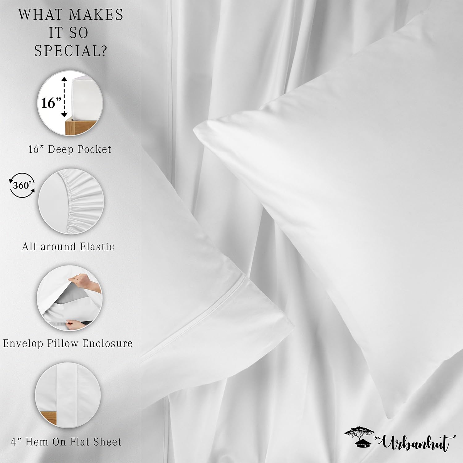 URBANHUT 100% Cotton Sheets Queen Size, 4 Piece Hotel Style Sheet Set Bed Sheet for Queen Size Bed, Sateen Weave Sheets, 16'' Elasticized Deep Pocket - White