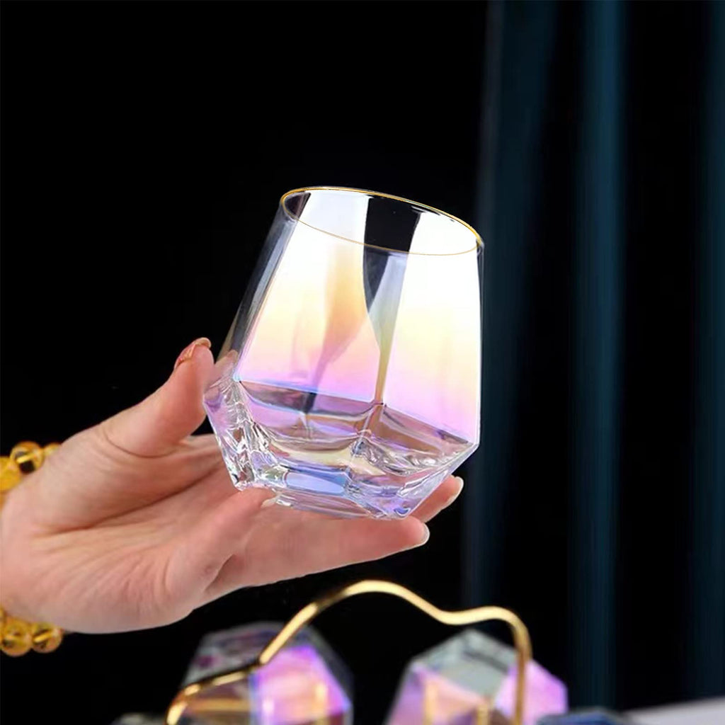 XKXKKE Diamond Wine Glasses Set of 2, 10 OZ Modern Stemless Gold Rim Glass Cups Iridescent Drinking Glassware for Serving Party, Home, Bar, Restaurants, Gift, Rainbow Tumbler, Colorful 2 Pack