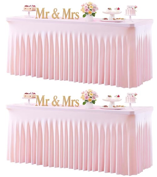 Baby Pink Table Cloth for 8 Foot Rectangle Tables Fitted Stretch Spandex Table Cover with Skirt 8ft Baby Shower Birthday Party Banquet Ruffle Tablecloth Wedding Table Cloths Desk Skirt, 2 Pack