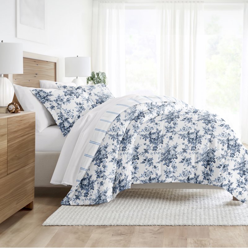 Full/Queen Reversible Comforter Set with Cabbage Rose Stripe - Stone
