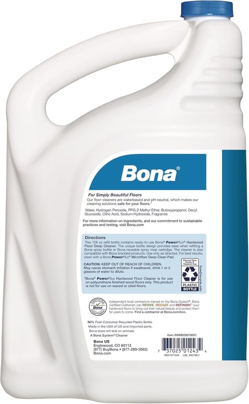 Bona PowerPlus Hardwood Floor Cleaner Refill - 128 Fl Oz | Residue-Free Solution for Wood Floors
