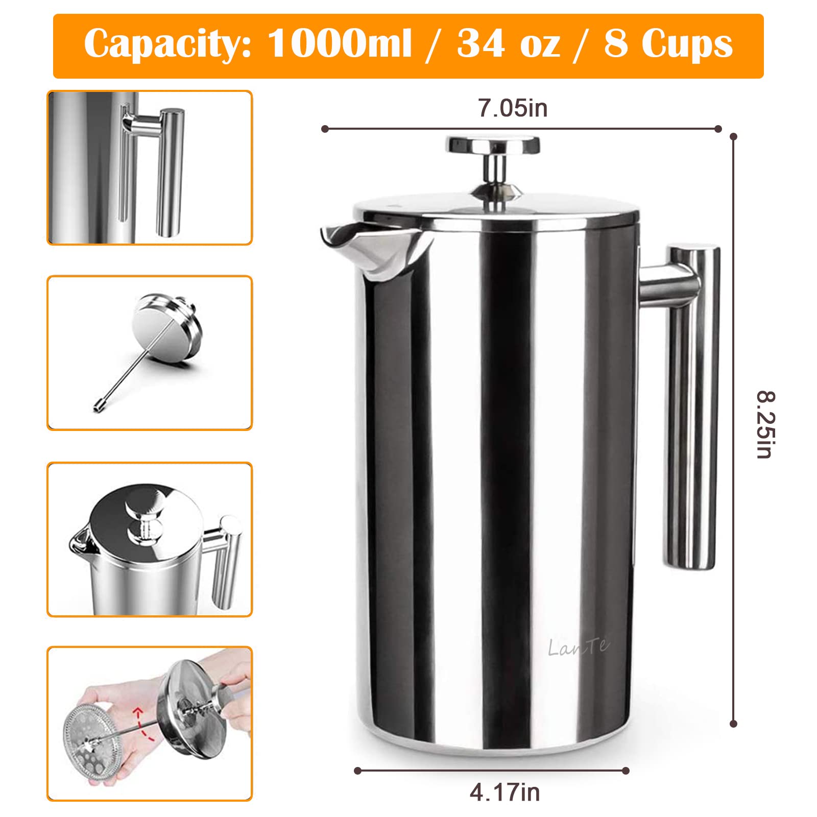 LANTE French Press, 600ml Double Insulated 304 Stainless Steel Coffee Tea Maker 4 Level Filtration System, No Coffee Grounds, Rust-Free, Dishwasher Safe for Single Use