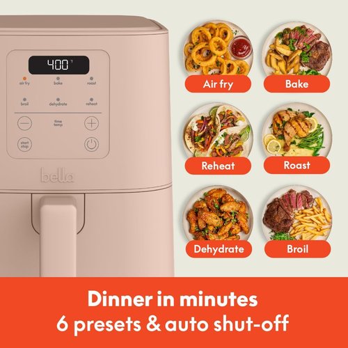 Bella 4Qt Slim Air Fryer - EverGood™ Ceramic Nonstick Coating, Adjustable Temp, 6 Cooking Options, Blossom Color