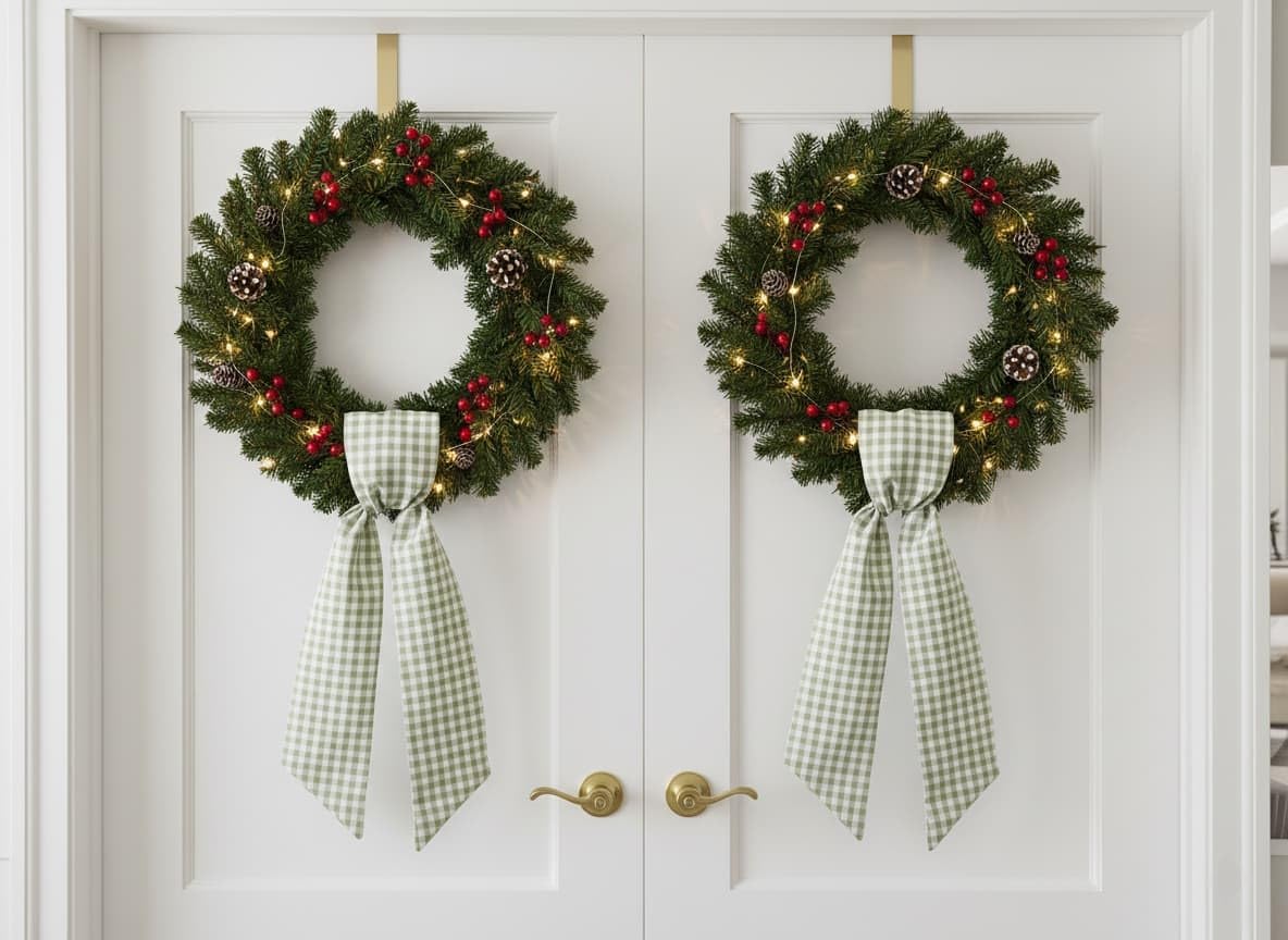 Skiennix Wreath Sash - Green & White Checkered Plaid Bow Ribbon Bundle | 2 Pack for Home Decor (5.12" x 54.33")
