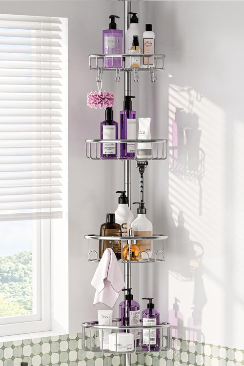 Corner Shower Caddy Tension Pole - Stainless Steel 4-Tier Rustproof Organizer | 47-121 Inch Adjustable Bathroom Shelves for Shampoo Storage - Silver