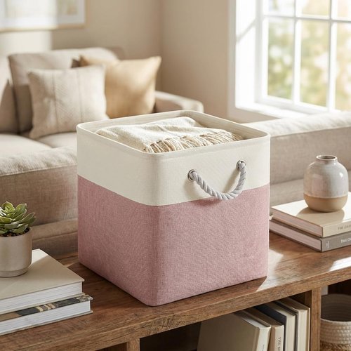 FinishingBo Cube Storage Bins - 6 Pack 11x11 Inch with Cotton Handles for Closet & Shelves | White/Pink