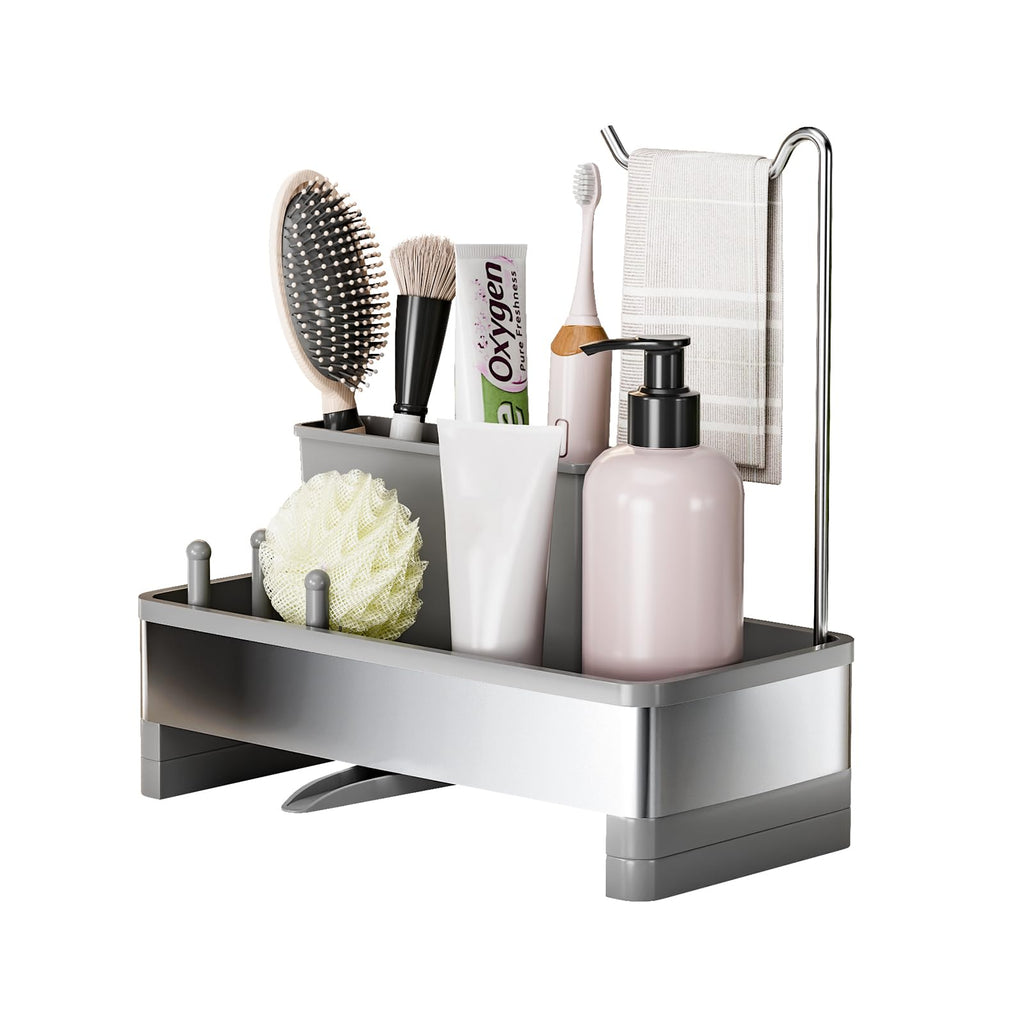 Ewaiira Sponge Holder for Kitchen Sink, Stainless Steel Sink Caddy with Brush Holder & Dishcloth Rack, Countertop Sink Organizer, Soap Dispenser Kitchen Organizers Storage Essentials (F-Gray 9.8″)